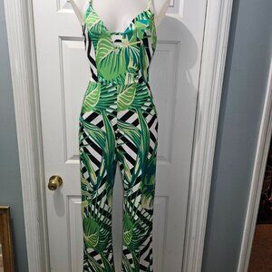Tropical Leaf Print Jumpsuit – Green Palm & Black Chevron, Spaghetti Straps, Res